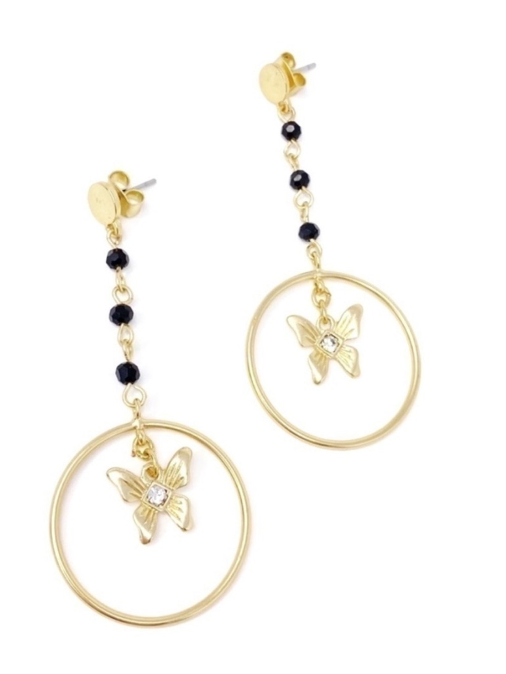 Lucky Brand Butterfly Earrings Dangle Hoops Gold with Black Beads New in Box NWT